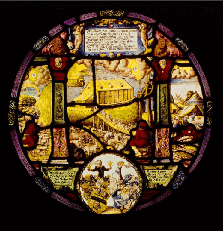 Mittelbild Darstellung der Arche Noah. Im Hintergrund die Sintflut. Schlagwort: Personenwappen Antony Oeri. Sintflut (Mittelbild). Arche Noahs (Mittelbild). Hans Heinrich Spross (Wappen). Herstellung: Vorlage von Bernard Salomon. Datiert 1585. Ø 38 cm (Lichtmass). Glas, bemalt.